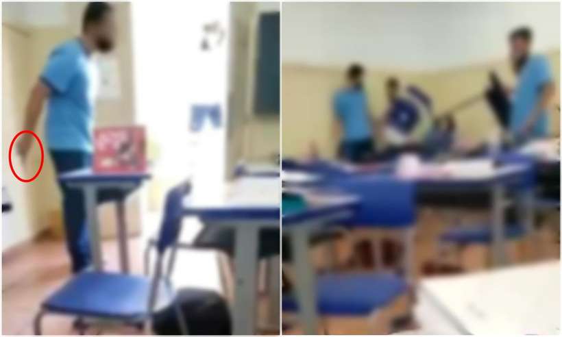 De posse de uma faca de cozinha, jovem ameaçou colegas de sala de aula, que se armaram com cadeiras (foto: Reprodução/WhatsApp)