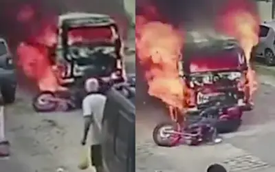 Pânico: motoqueiro é atropelado por Kombi em chamas; veja vídeo